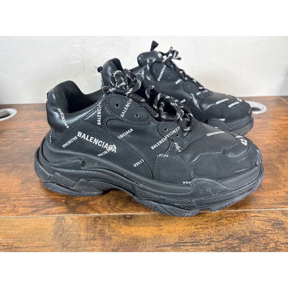 Balenciaga Triple S Black All Over Logo Leather Free Sneakers 536737 Size 42